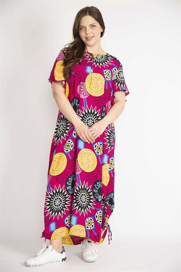 Kadın Fujya Büyük Beden Dokuma Viskon Kumaş Yaka Ve Yırtmacı Bağcık Detaylı Uzun Elbise