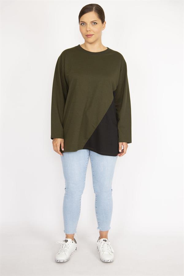Kadın Büyük Beden Haki Renk Kombinli Uzun Kollu Tunik