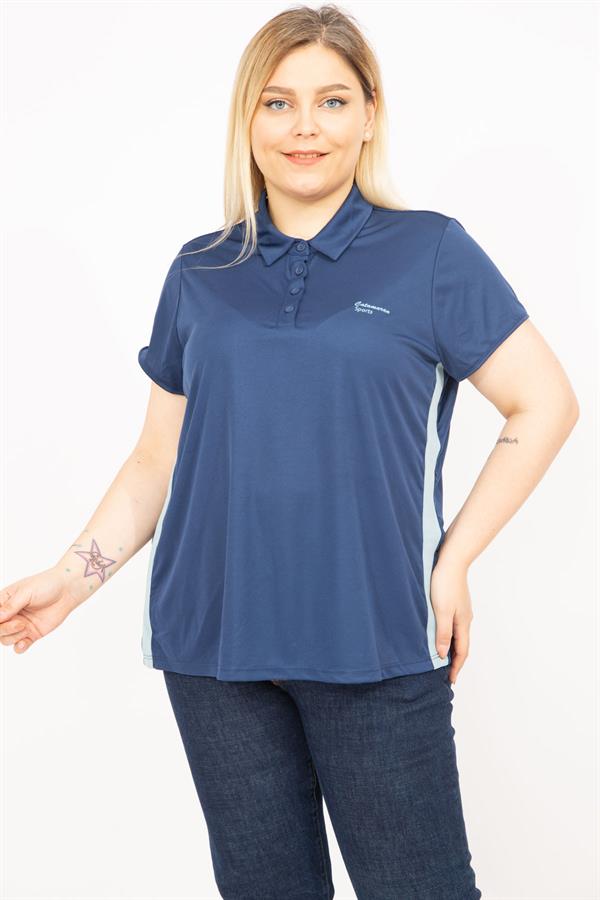 Kadın Lacivert Büyük Beden Polo Yakalı Yan Şeritli Spor Bluz 65N35771