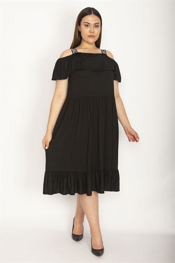 Kadın Siyah Karmen Yaka Eteği Volanlı Askılı Elbise 65N26476
