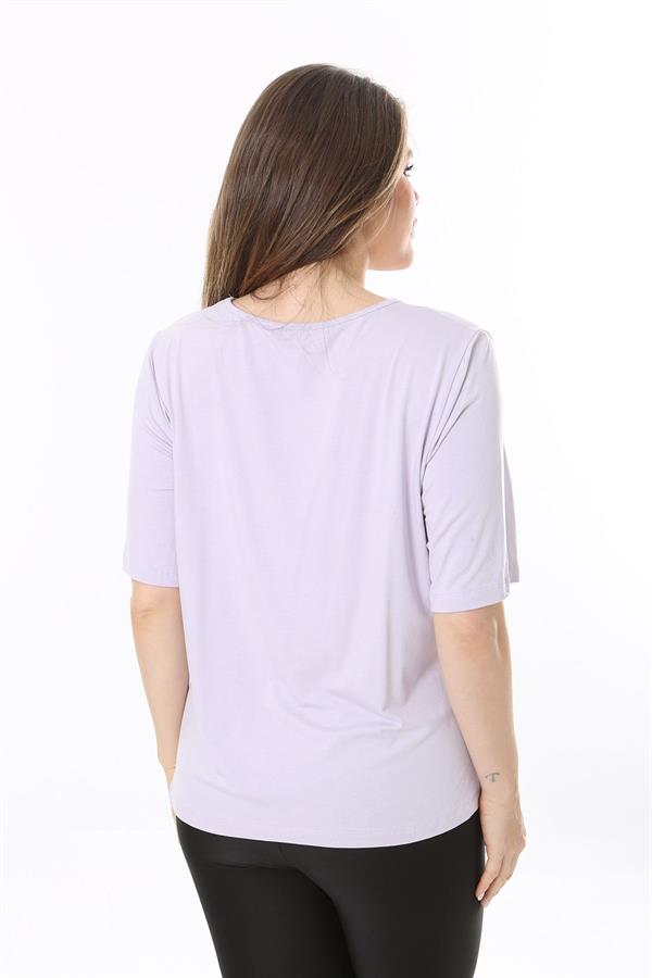Kadın Büyük Beden Lila Yaka Detaylı Kısa Kollu Bluz 65N37852