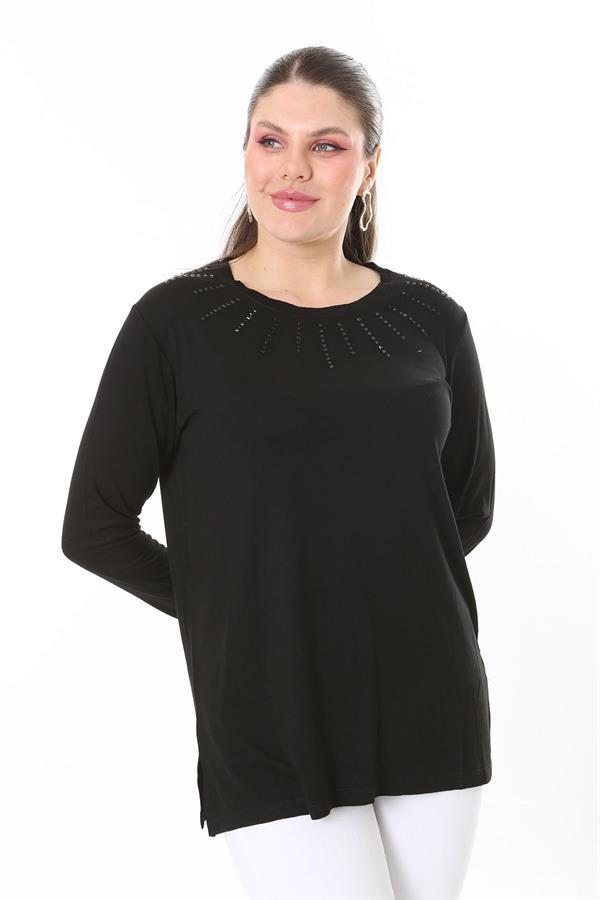 Kadın Büyük Beden Siyah Taş Ve Arka Robası Dantel Detaylı Uzun Kollu Bluz 65N37694