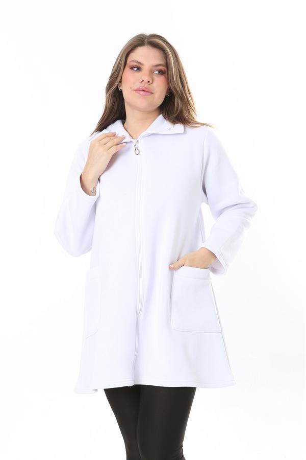 Kadın Büyük Beden Beyaz İçi Şardonlu Ön Fermuarlı 3 İplik Ceket 65N37788