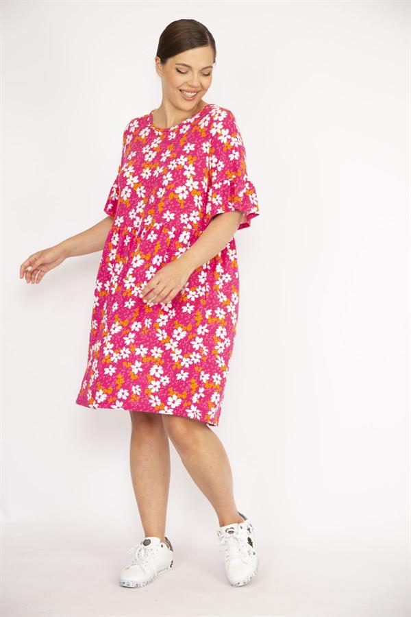 Kadın Büyük Beden Renkli Bisiklet Yakalı Volan Kollu Belden Büzgülü Elbise