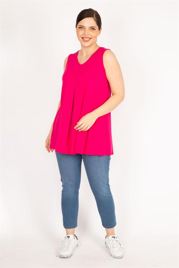 Kadın Fujya Büyük Beden Önü A Pileli V Yakalı Kolsuz Tunik