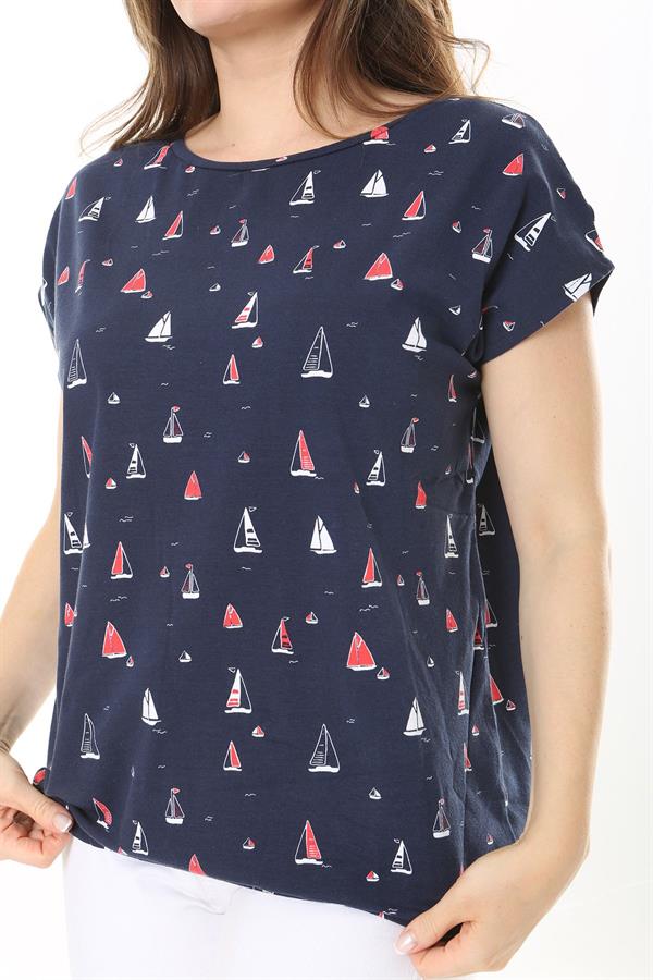 Kadın Büyük Beden Lacivert Pamuk Kumaş Etek Ucu Lastikli Düşük Kollu Bluz 65N37895