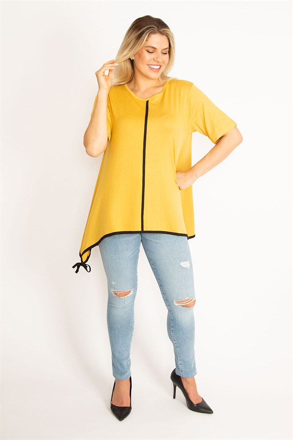 Kadın Hardal Biye Detaylı Etek Ucu Bağcıklı Tunik 65N34974