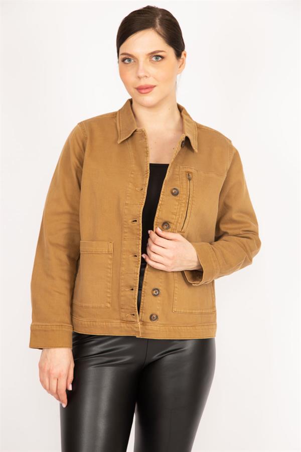 Women's Tan Plus Size Gabardine Fabric Front Button Zipper and Pocket Detailed Coat