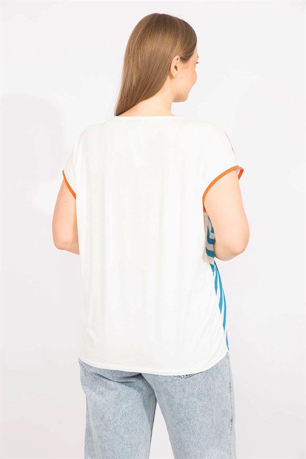 Kadın Turkuaz Büyük Beden Ön Çizgili V Yakalı Bluz 65N35709