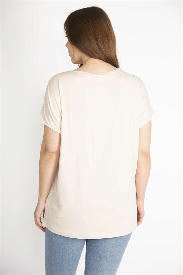 Kadın Yeşil Büyük Beden Ön Desenli Düşük Kollu Bluz