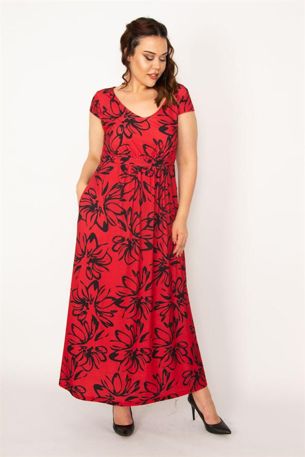 Kadın Renkli V Yakalı Bel Büzgülü Uzun Elbise 65N33190