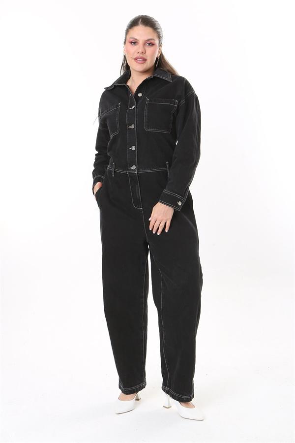 Kadın Büyük Beden Siyah Kontrast Dikişli Metal Düğmeli Kot Tulum 65N37723