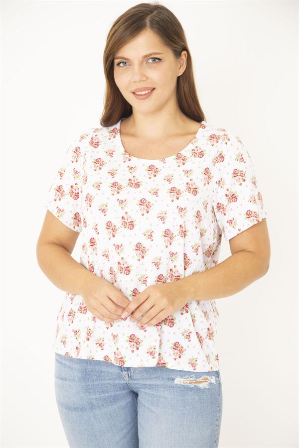 Kadın Büyük Beden Kemik Pamuk Kumaş Bisiklet Yakalı Desenli Bluz 65N36922