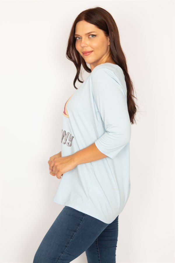 Tunique à manches courtes pour femme, imprimé bleu et sequins, 85N7185