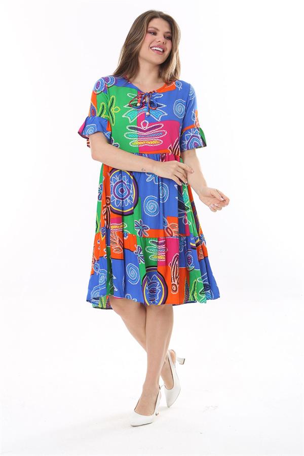 Kadın Büyük Beden Mavi Dokuma Viskon Kumaş Kısa Kollu Katlı Elbise 65N37762