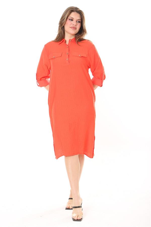 Kadın Büyük Beden Nar Ön Pat Düğmeli Süs Göğüs Cepli Kol Boyu Ayarlı Elbise 65N37871