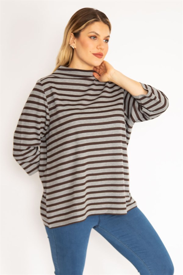Kadın Gri Sıfır Yaka Çizgili Bluz 65N35169