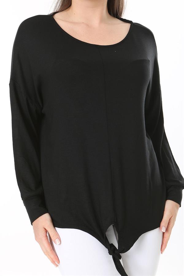 Kadın Büyük Beden Saks Önden Bağlamalı Uzun Kollu Bluz 65N37695