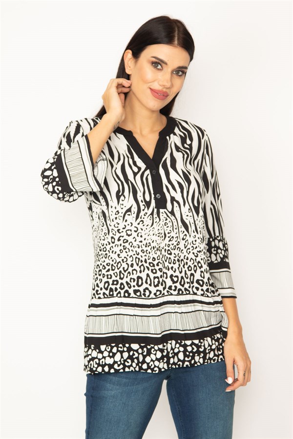 KADIN SİYAH ÖN PAT DÜĞMELİ DESENLİ TUNİK