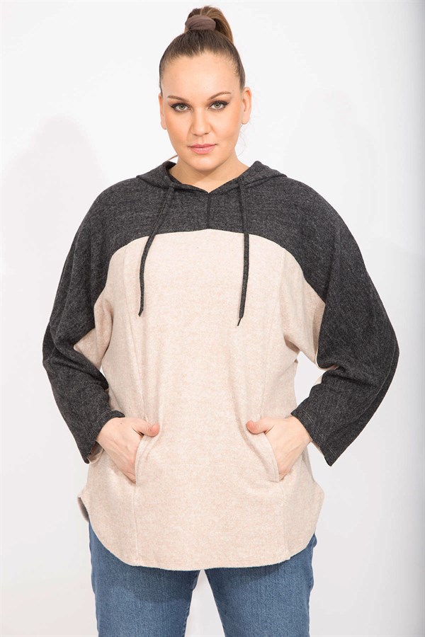 Kadın Gri Rahat Kesim Yumoş Kumaş Kapşonlu Cepli Sweatshirt 65N35488