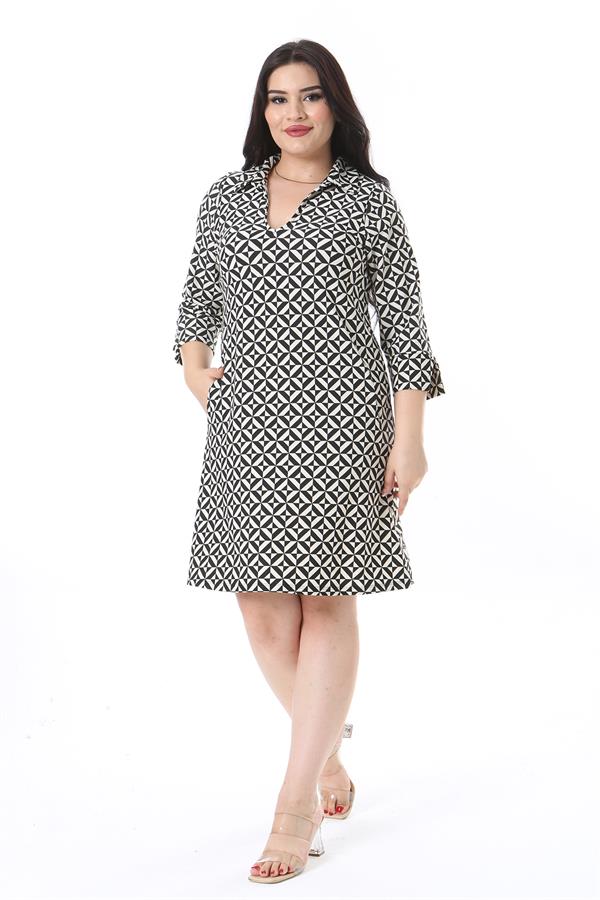 Kadın Büyük Beden Siyah V Yakalı Yan Cepli Likralı Viskon Elbise 65N38205