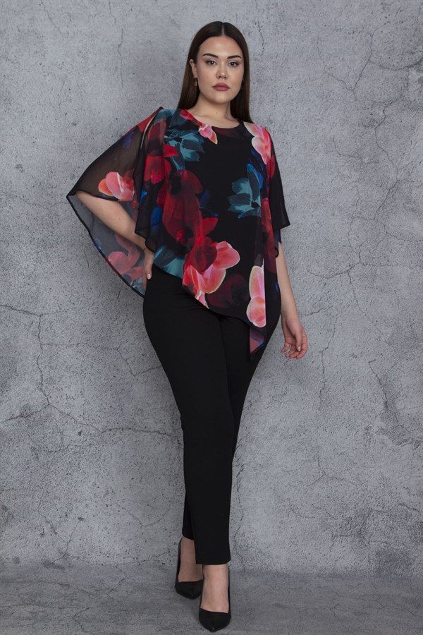 Kadın Siyah Üst Kısmı Şifon Pelerin Detaylı Tulum 65N23917