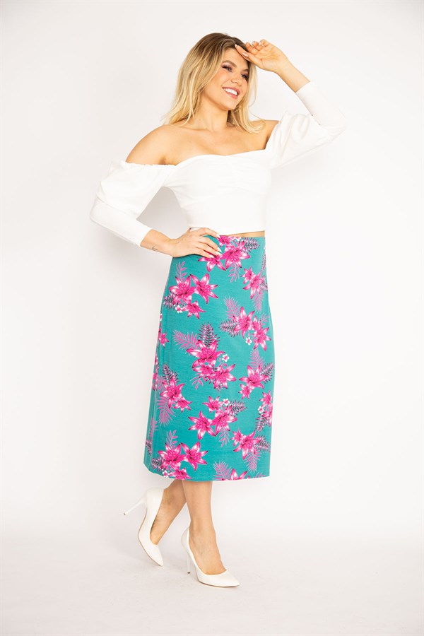 Kadın Yeşil Beli Lastikli Likralı Viskon Etek 65N34675