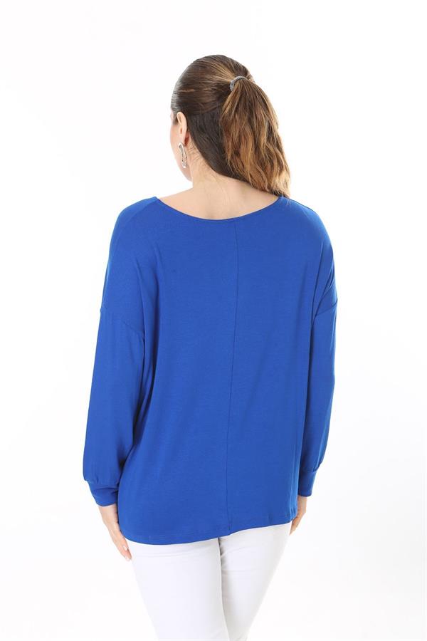 Kadın Büyük Beden Saks Önden Bağlamalı Uzun Kollu Bluz 65N37695
