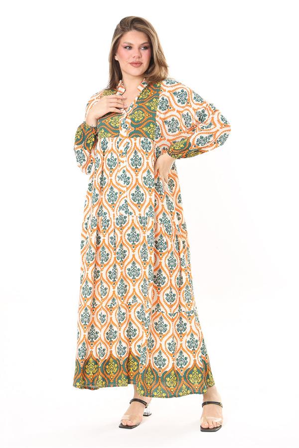 Kadın Büyük Beden Mavi Dokuma Viskon Kumaş Ön Düğmeli Uzun Elbise 65N37860