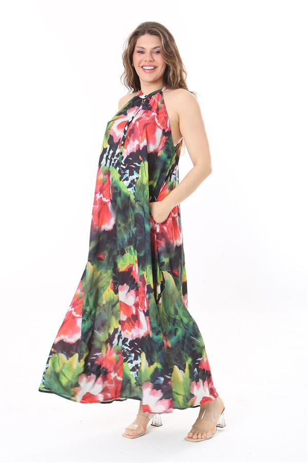 Kadın Büyük Beden Renkli Halter Yakalı Ön Patı Düğmeli Astarsız Krep Şifon Elbise 65N37986