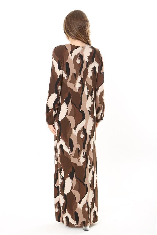 Kadın Büyük Beden Kahve Yaka Bağcıklı Uzun Kollu Maksi Boy Elbise 65N37866