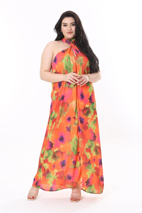 Kadın Büyük Beden Renkli Boyundan Bağlamalı Astarsız Krep Elbise 65N37940