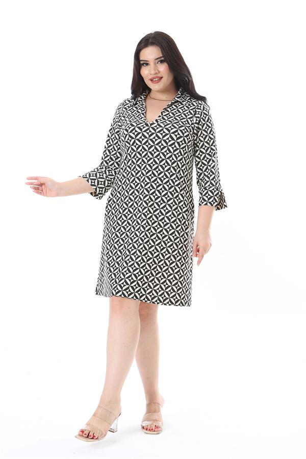 Kadın Büyük Beden Siyah V Yakalı Yan Cepli Likralı Viskon Elbise 65N38205