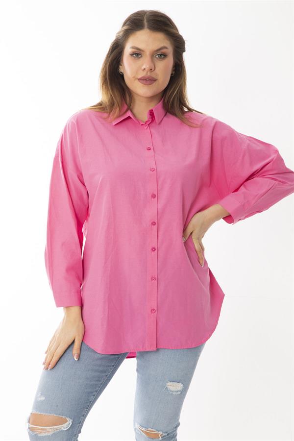 Kadın Büyük Beden Pembe Ön Düğmeli Uzun Kollu Gömlek 65N37046
