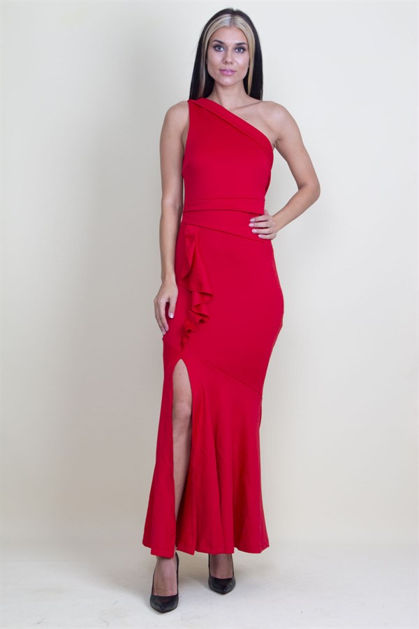 ROBE DE SOIRÉE À UNE ÉPAULE AVEC DÉTAILS À VOLANTS