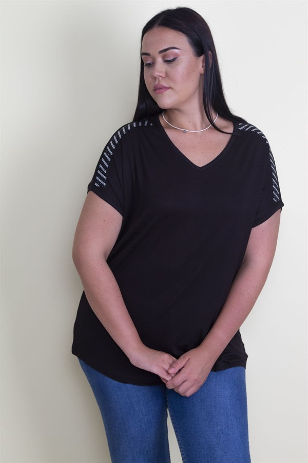 Kadın Siyah Omuzları Taş Detaylı V Yakalı Bluz 65N25734