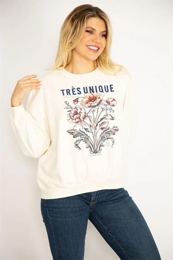 Kadın Kemik 3 İplik Kalın Ön Baskılı Omuz Büzgülü Ribanalı Sweatshirt 65N34846