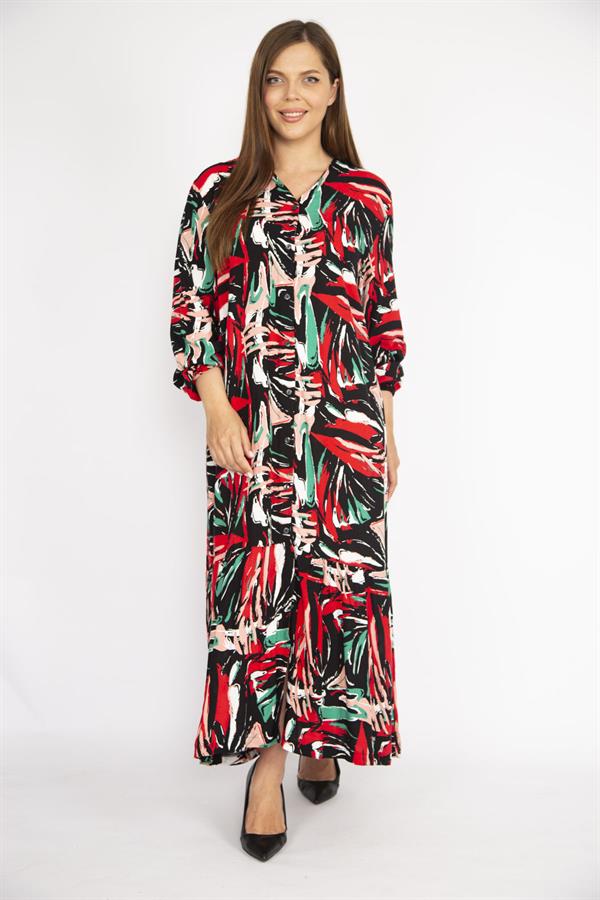 Kadın Renkli Büyük Beden Dokuma Viskon Kumaş Ön Düğmeli Etek Ucu Katlı Uzun Kollu Elbise