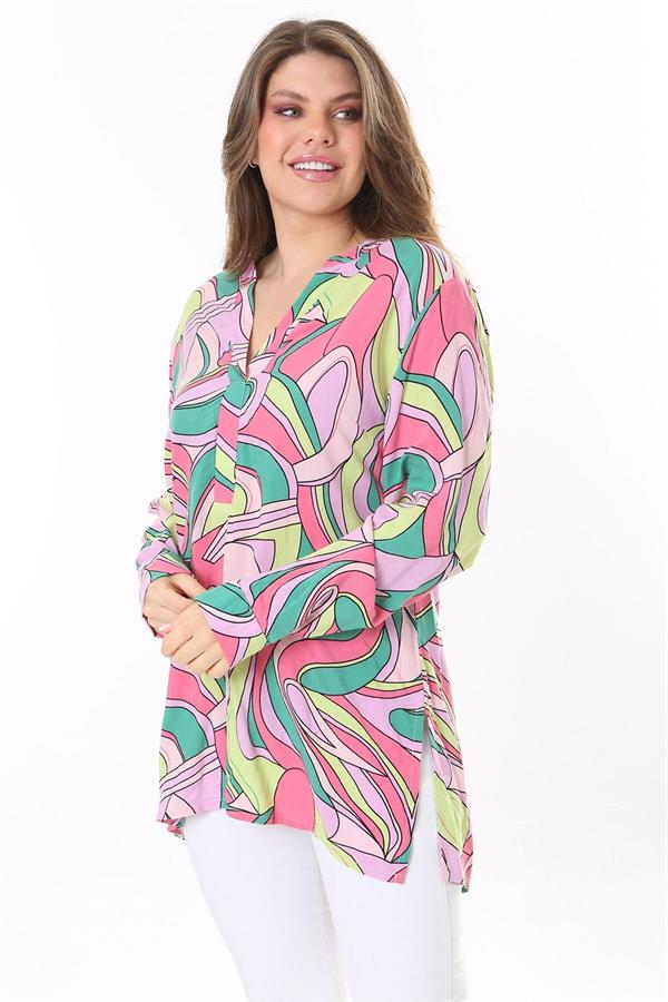 Kadın Büyük Beden Renkli Dokuma Viskon Kumaş Yan Yırtmaçlı V Yakalı Tunik 65N37789