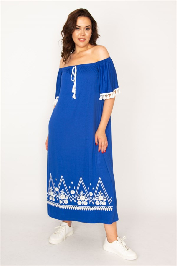 Kadın Kırmızı Karmen Yaka Nakış Ve Püskül Detaylı Uzun Elbise 65N33437