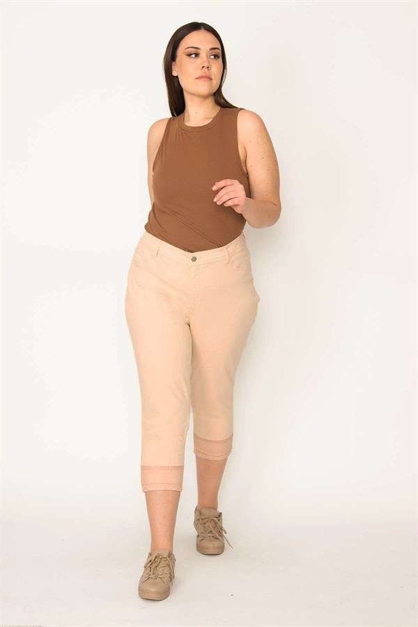 Kadın Vizon Paçası Tül Detaylı Likralı 5 Cep Kapri 65N31614