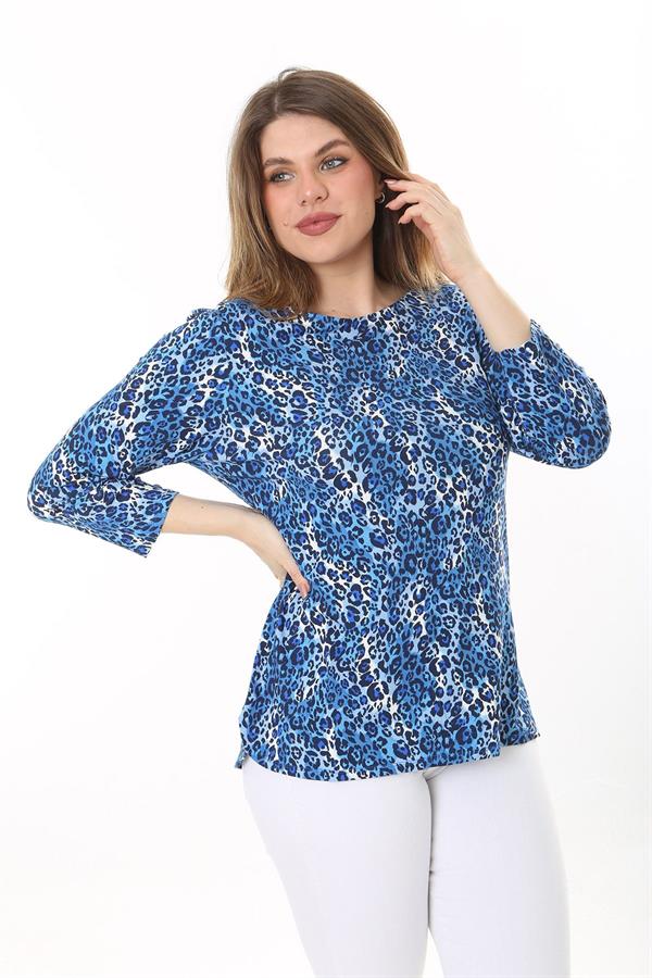 Kadın Büyük Beden Mavi Sırt Detaylı Bisiklet Yakalı Kapri Kollu Bluz 65N37586
