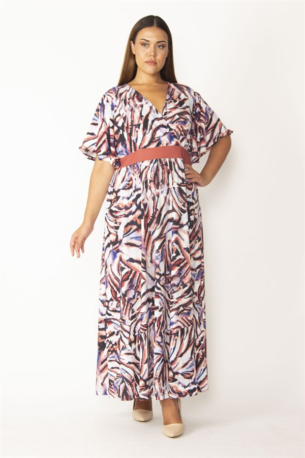 Kadın Renkli Anvelop Yakalı Bel Garnili Volan Kollu Uzun Elbise 65N28549