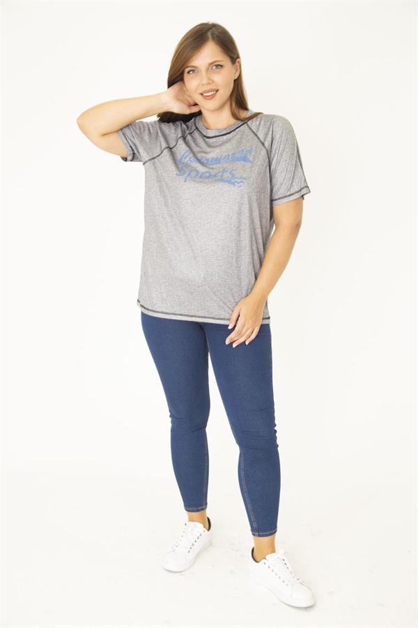 Kadın Büyük Beden Gri Reglan Kol Reçme Dikişli Spor Bluz 65N36951