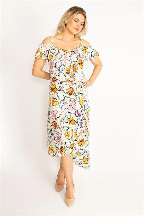 Kadın Renkli Yaka Lastikli Askı Ve Volan Detaylı Elbise 65N34441