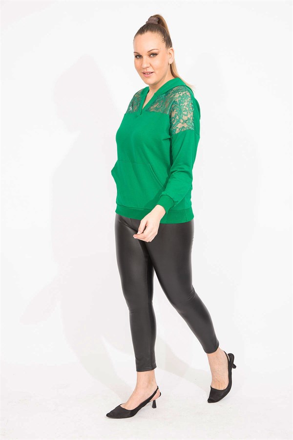 Kadın Saks Robası Dantel Ve Kapşon Detaylı Kanguru Cepli Sweat Shirt 65N35463