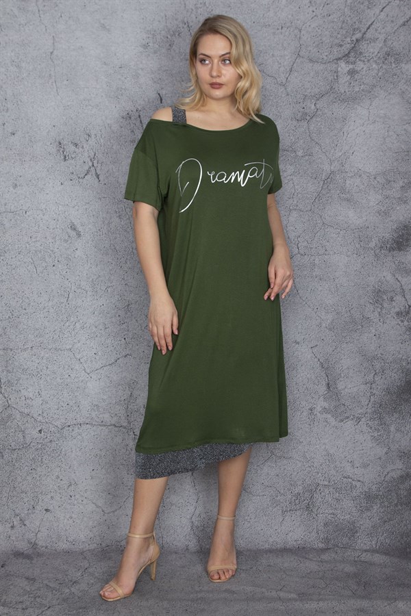 Kadın Haki Sim Detaylı Ön Baskılı Elbise 65N27215