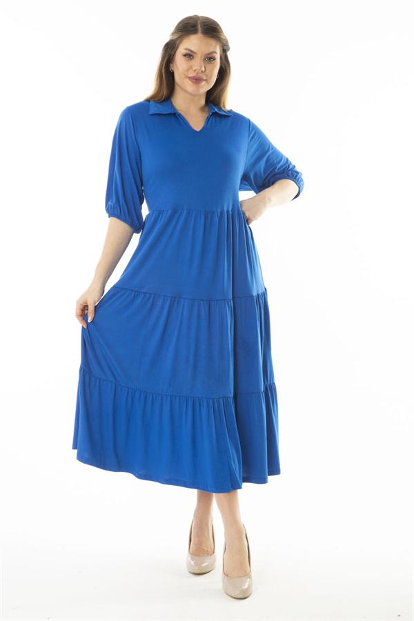 Kadın Büyük Beden Saks Yakalı Kol Ağzı Lastik Detaylı Katlı Uzun Elbise 65N37071