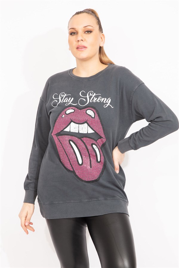 Kadın Füme Taş Detaylı Sweatshirt   65N35493