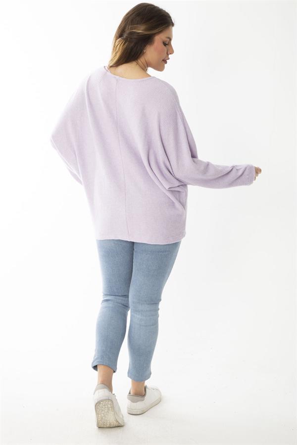 Kadın Büyük Beden Lila Yarasa Kol Kendinden Çizgili Yün Viskon Bluz 65N37007